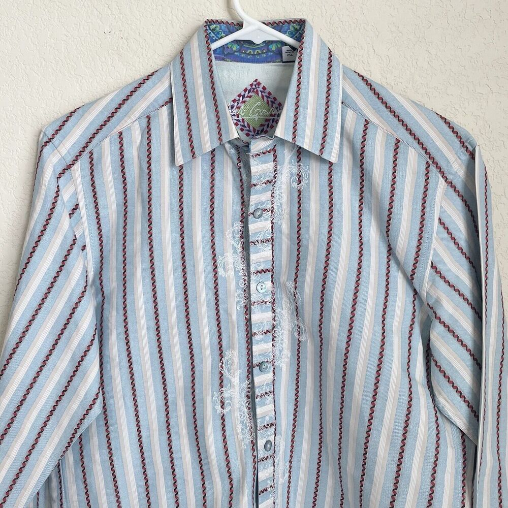 Robert Graham Men’s Small Blue Striped Button Up Long Sleeve Dress Shirt Flip Cu - Picture 3 of 12